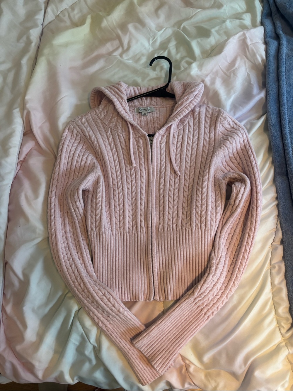 Hooded Cable Knit Zip-Up Sweater - Light Pink